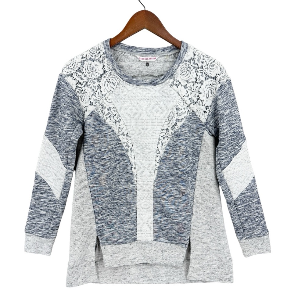 REBECCA TAYLOR Lace Insert Sweatshirt Gray White Silver - Picture 1 of 7